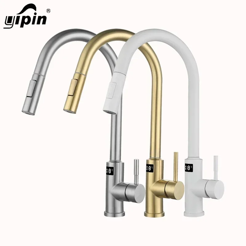 003 Kitchen Faucets Full Out, Digital Sink Faucet Sensor 3 Way Brass Luxury Black White,pull Down