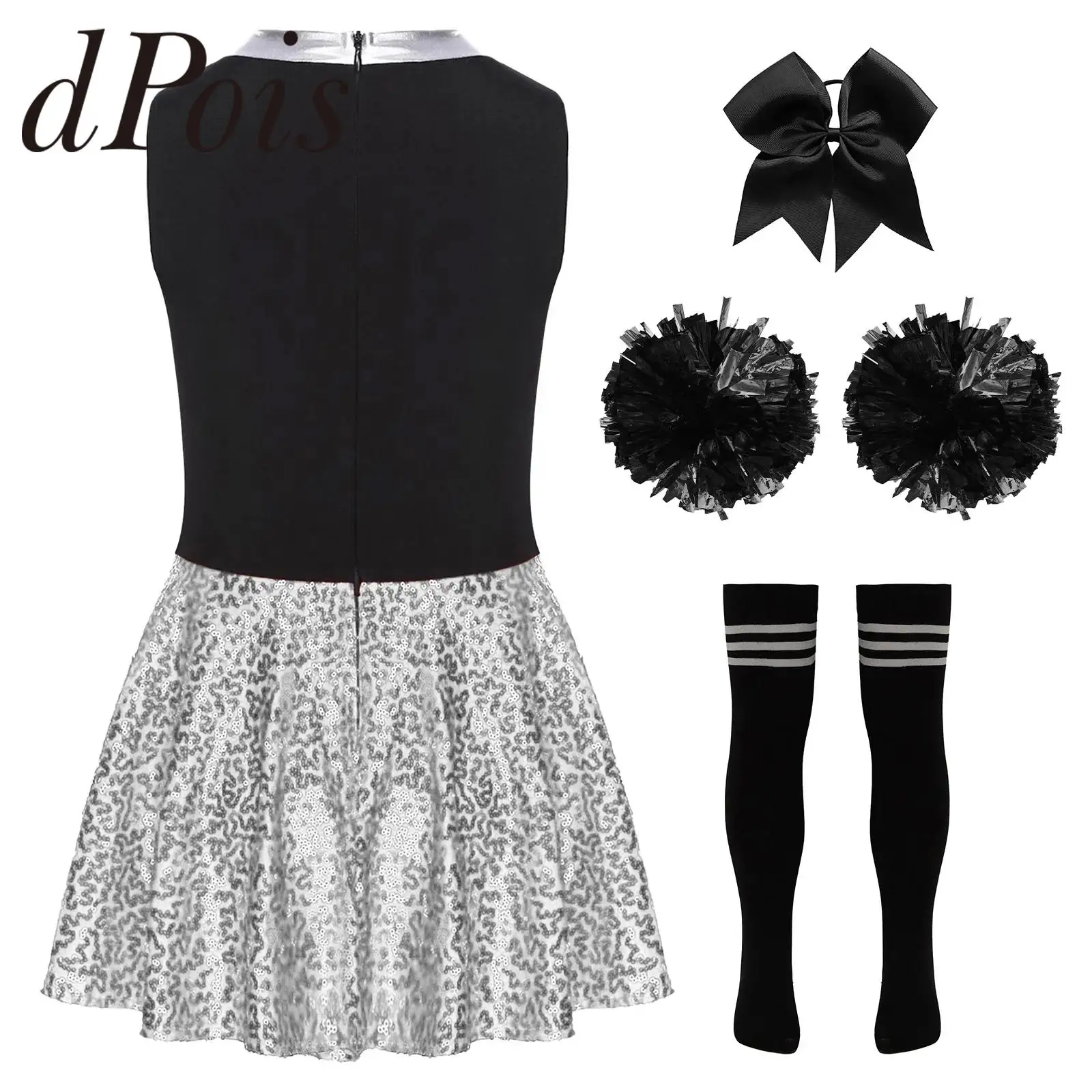 

Girls Cheerleader Dance Costumes Stge Performance Cheerleading Dress Children Shiny Cheering Outfit Cheer Dance Wear Sets