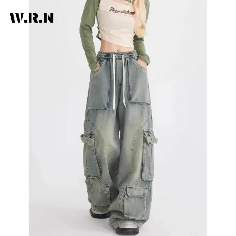 Vintage Casual Grunge Pocket High Waist High Street Blue Jeans Pants Women Drawstring Wide Leg Baggy Y2K Straight Denim Trouser