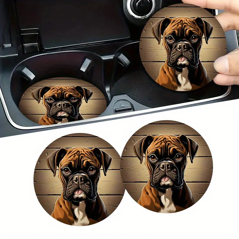 Boxer Dog 2pcs Car Cup Mat Set- 2.75Inch Non-Slip EVA Drink Holder, Perfect Gift For Pet Lovers