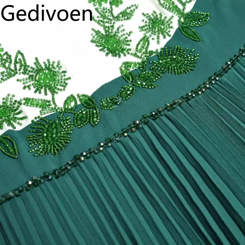 Gedivoen Fashion Design Autumn and Winter Women's Dress Lantern Sleeved Beading Stand Pleated Splicing Elegant Dresses