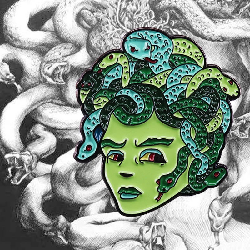 Medusa Enamel Pin Creepy Goth Green Gorgon Snake hair Lady Brooch Greek Mythology Art Collection