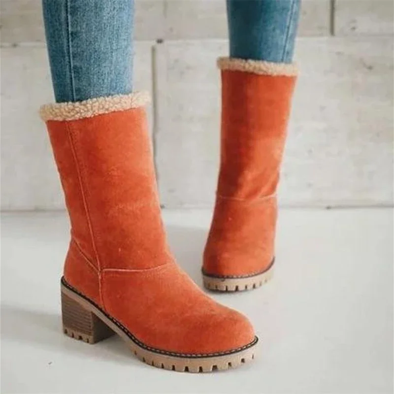 2024Autumn and Winter Fashion New Casual Comfortable Plus Velvet Warm Square Heel Round Toe Solid Color Women\'s Ankle Boots