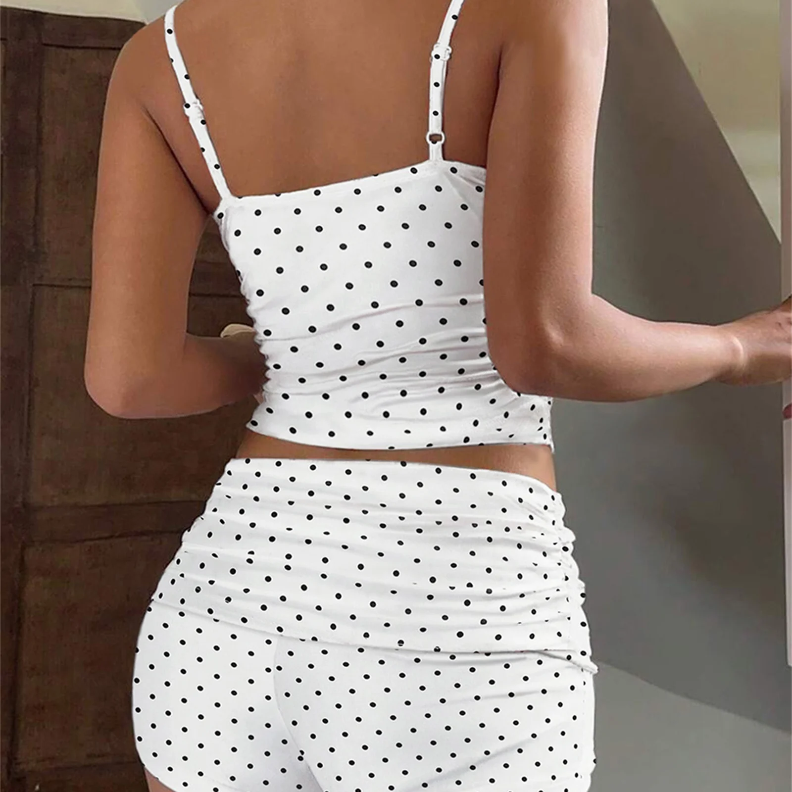 Женские комплекты одежды из 2 предметов: топы на бретелях с квадратным вырезом и мини-узкие шорты с кружевным принтом медведя/цветочным принтом/в полоску/в горошек, летние наряды