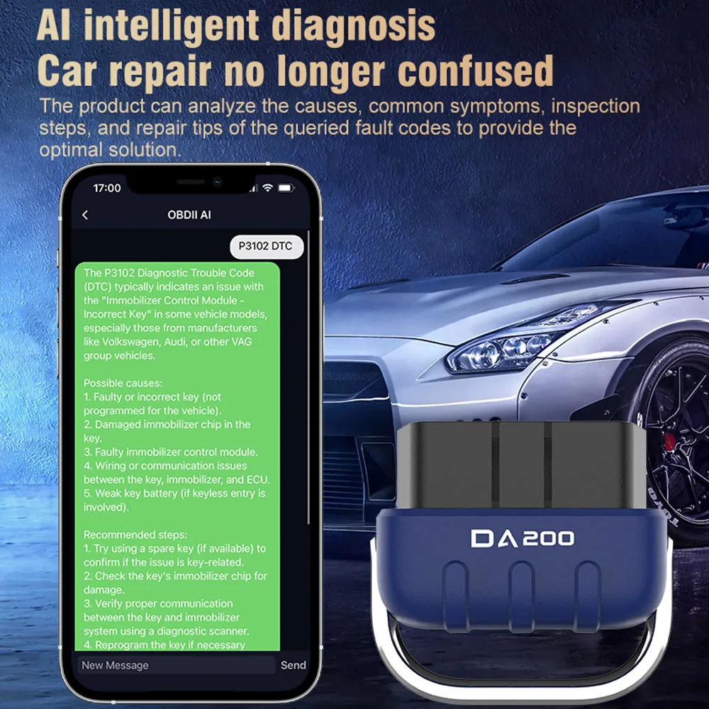 

Bluetooth 5,4 DA200 AI диагностические инструменты автомобильный OBD2 сканер тестер батареи считыватель кодов несправностей стирание кодов автомобиля на приборной панели дисплей