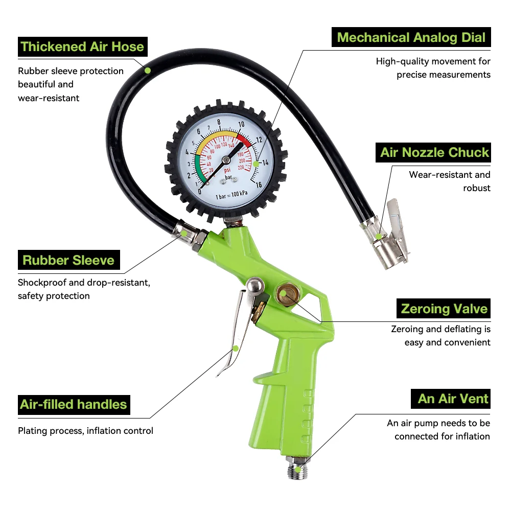 220PSI Tire Pressure Gun Tire Pressure Monitoring Gauge, Detachable Interface, Inflator Pump Tool, For Cars/Motorcycles/Bicycles