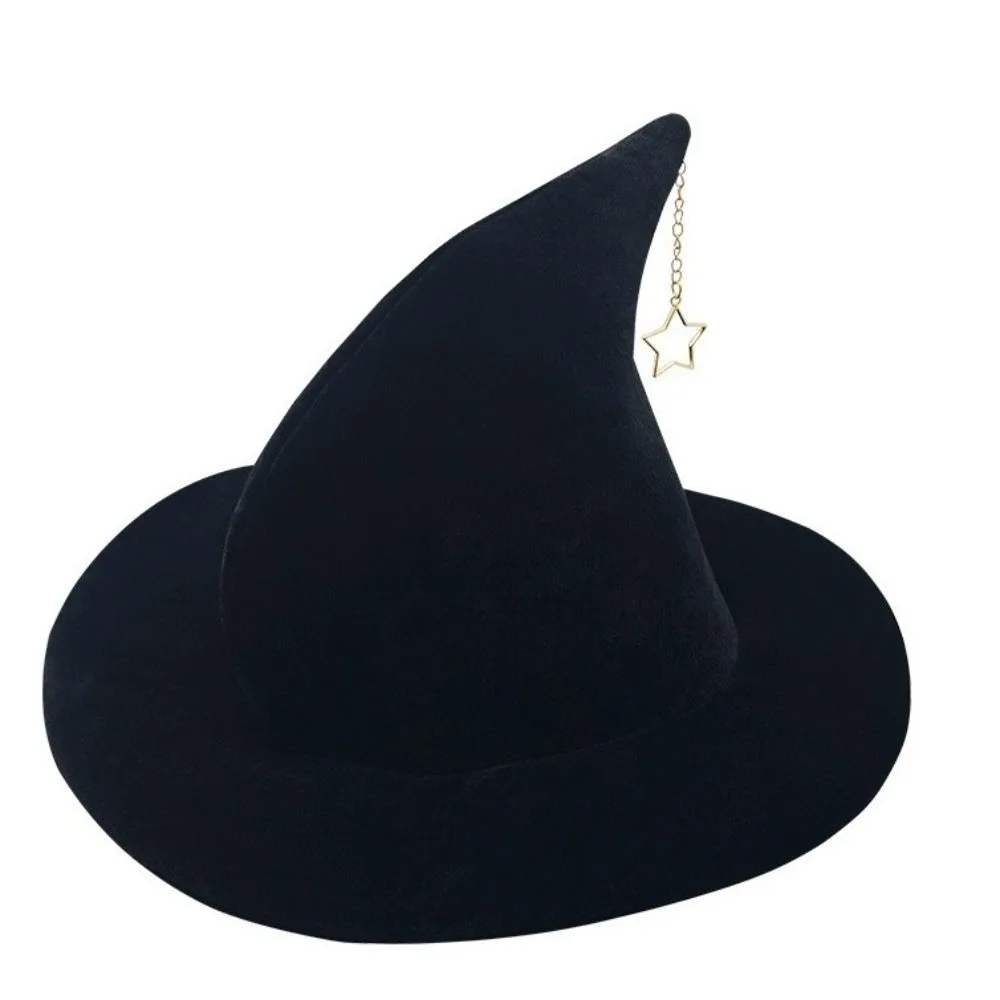 Portable Solid Color Witch Hat Korean Style Foldable Wool Bucket Hat Wizard Cap Star Pendant Halloween Hat Women
