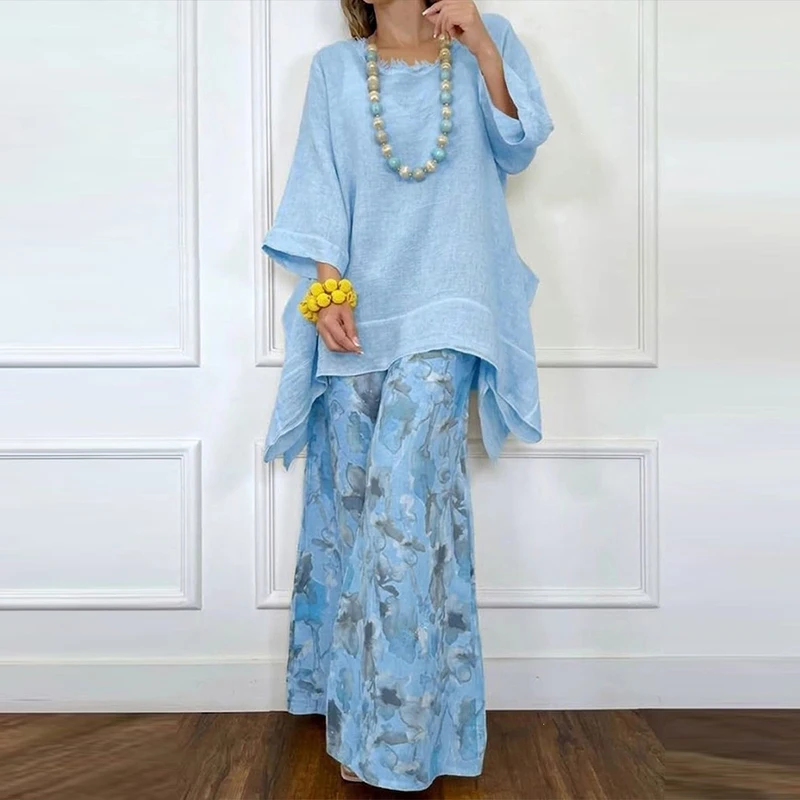 Fashion Pattern Printed Pants Commute Outfits Elegant Lady Loose 2 Piece Casual Solid Color Long Sleeve Tops&Wide Leg Pants Sets