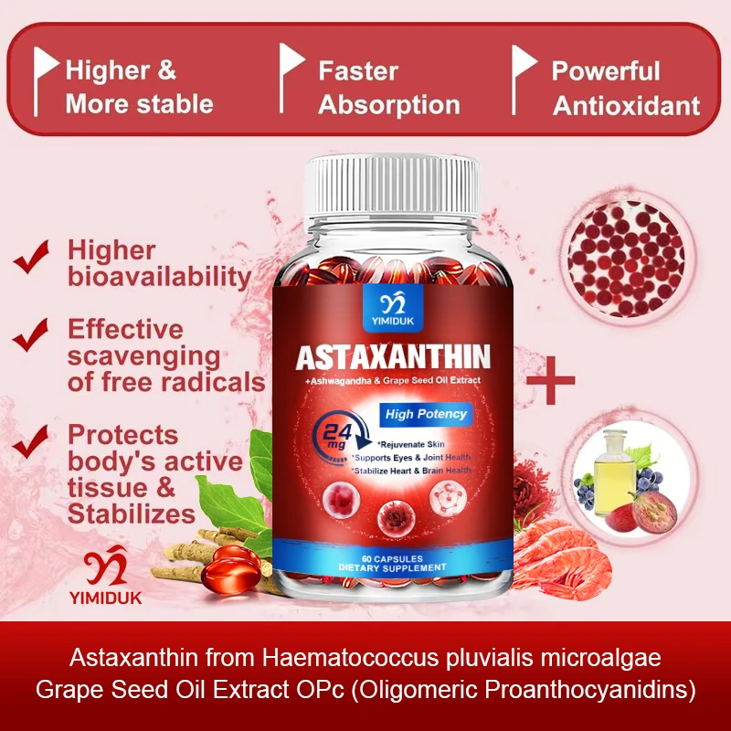 Astaxanthin Capsules - Fresh Microalgae Source w / Joint, Vision and Prostate Health, Antioxidant Supplement, Non-GMO