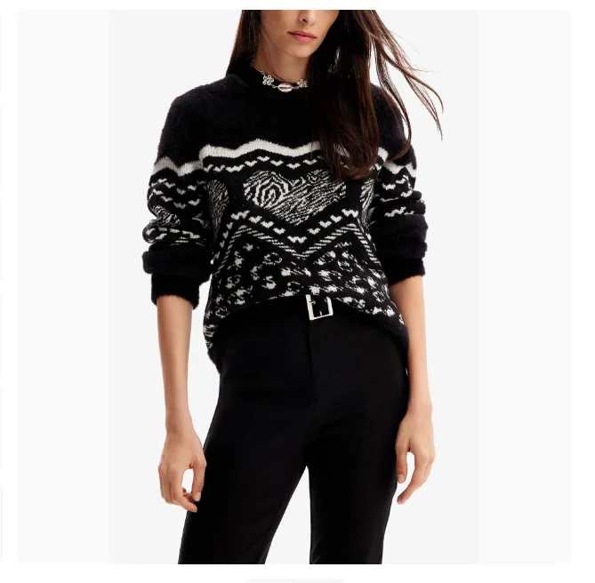 طلب التجارة الخارجية الأصلي: سترة نسائية محبوكة من قماش الجاكار الإسباني برقبة دائرية فضفاضة غير رسمية للخريف والشتاء