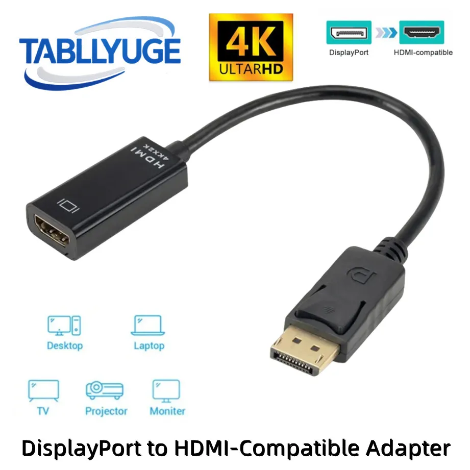 TABLLYUGE DisplayPort to HDMI-compatible Adapter Converter 4K DisplayPort Male to Female HDMI Cable Adapter For PC TV Projector