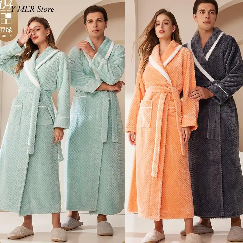 2024 Autumn Winter New Bathrobe Thicken Flannel Sleepwear Kimono Loungewear Couple Shower Robes Men Loose Nightgown Homewear