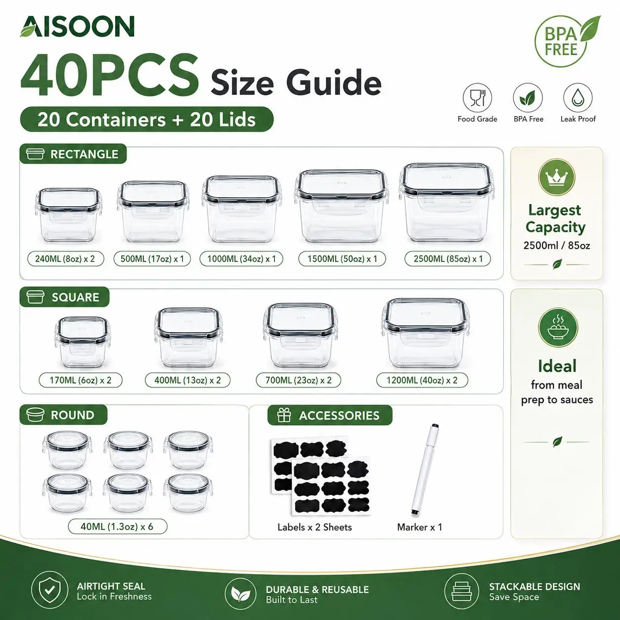 40Pcs Extra Large 85oz Food Storage Containers Set Airtight Plastic Kitchen Pantry Organizer Box with Lids Leakproof Reusable Microwave Dishwasher Safe Square Round Rectangular Container Labels Pen