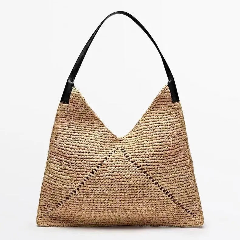 French shoulder large-capacity straw bag, new raffia hollow woven bag, holiday beach bag big triangle women's bag