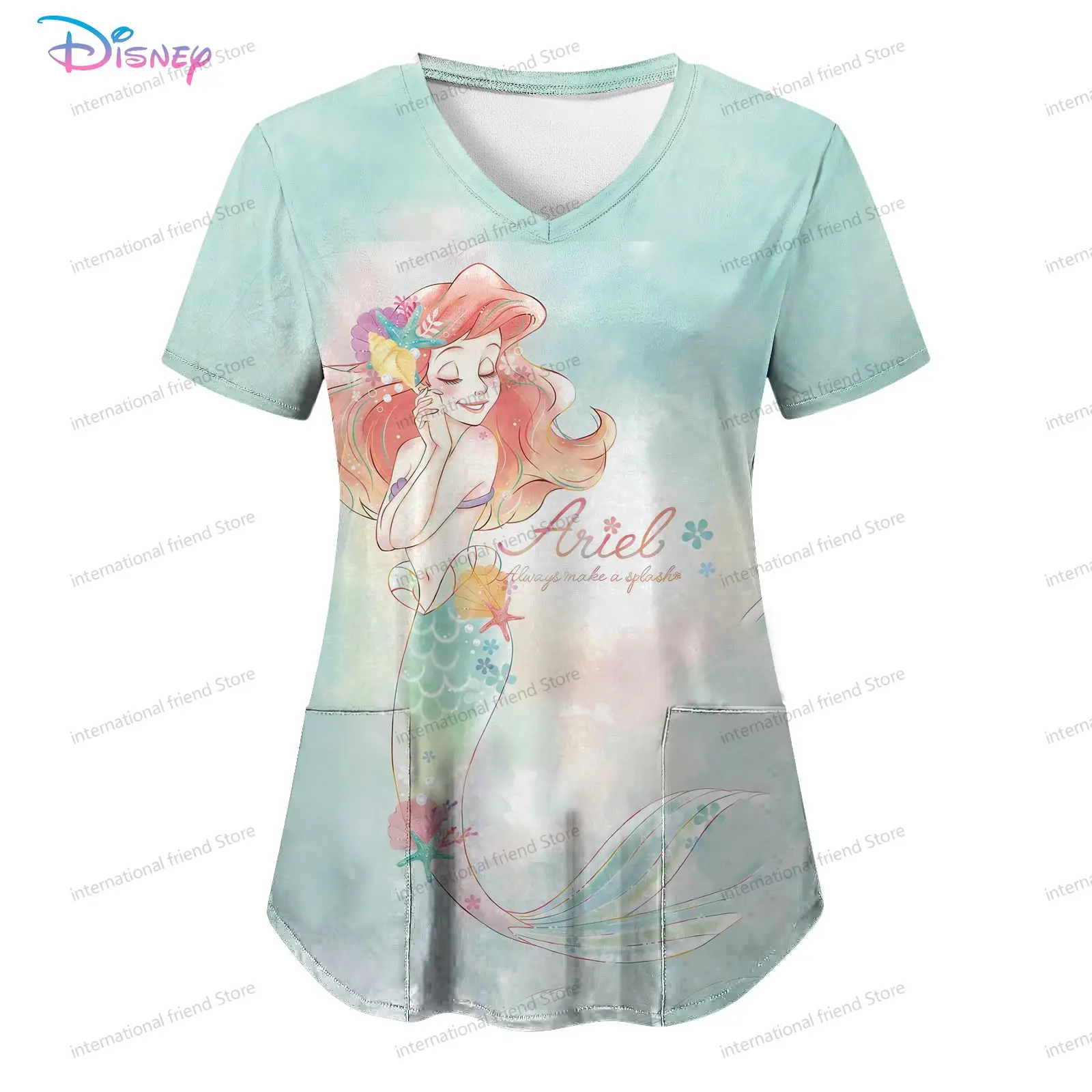 Disney Princess Pocket Women's V Neck Nurse Uniform T-Shirt Summer Short Sleeve 2024 Y2k New Dress Kawaii Woman Clothing S-2XL