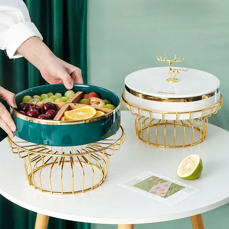 

# Stylish And Simple Living Room Ceramic Gold Elk Grid Fruit Plate Candy Plate Multi-purpose #