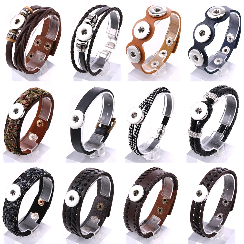 Women Man Snap Button Bracelet Bangle Snap Leather Rope Chain Bracelet Braided Leather Bracelet Fit 18MM Snap Buttons Jewelry