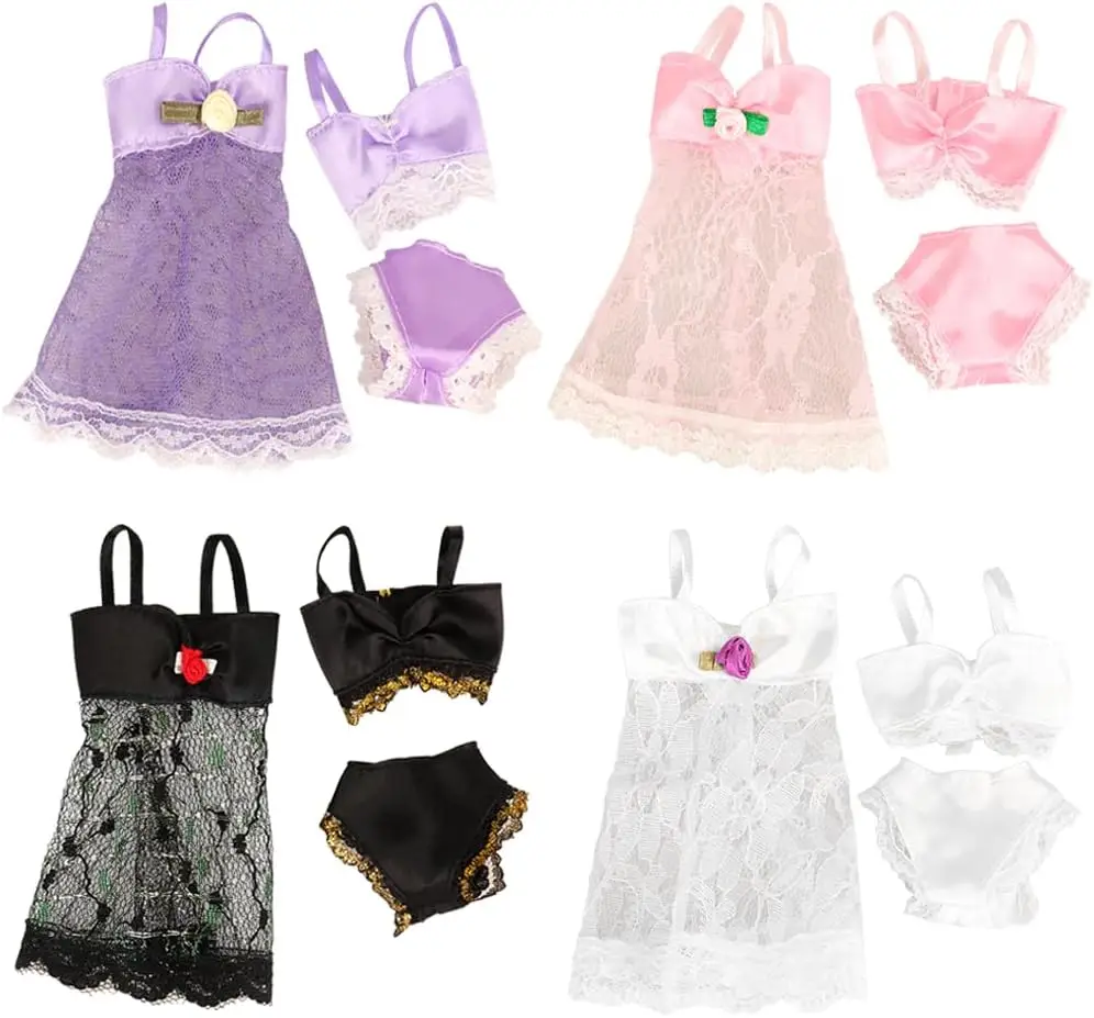 12 pcs/set Lace Pajamas Sleep Suit Sleepwear for 11.5 Inch Girl Dolls, Cute Handmade Sleep Clothes for Barbie Dolls Kids Toys