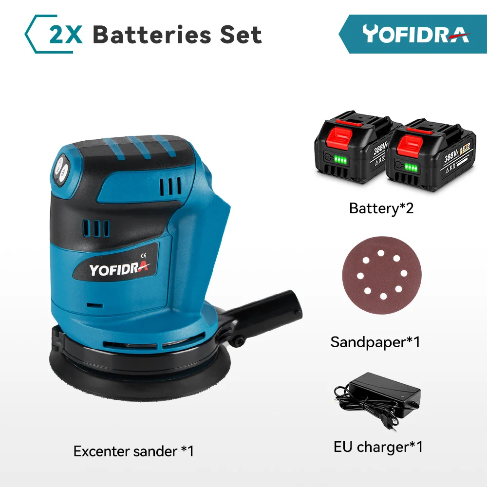 YOFIDRA Elektrische vlakschuurmachine 125 MM Draadloos slijpen Schuren Polijstmachine Houtbewerking Power Tool Voor Makita Batterij Pin