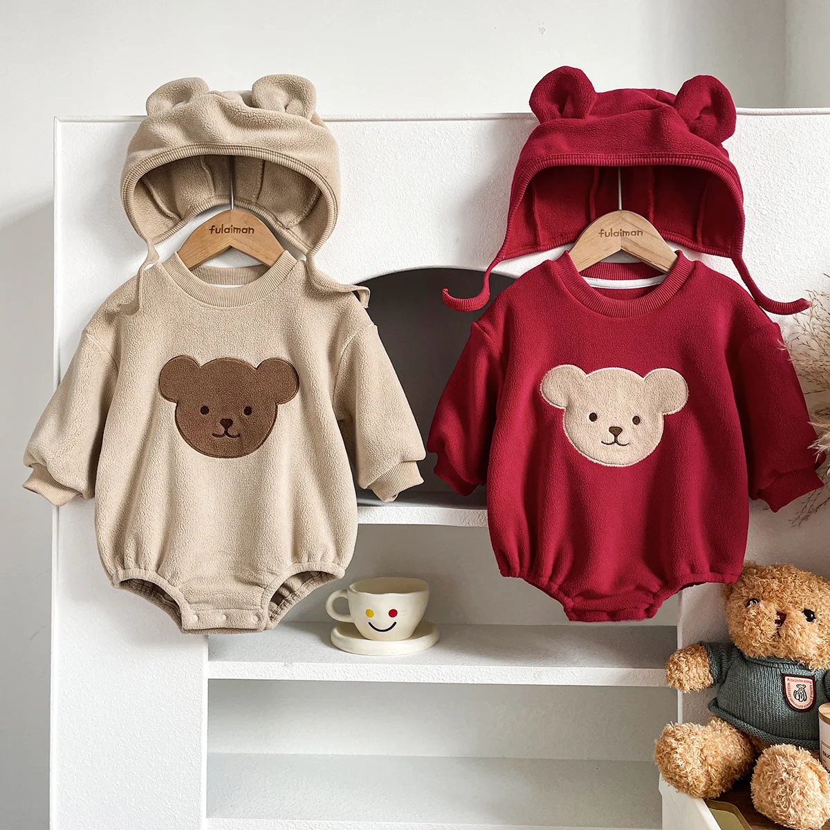 

2024 Baby Autumn Clothes Jumpsuit For Kids Winter Double-Faced Fleece Cartoon Bear Newborn Baby Girl Boys Rompers Cute One-Piece