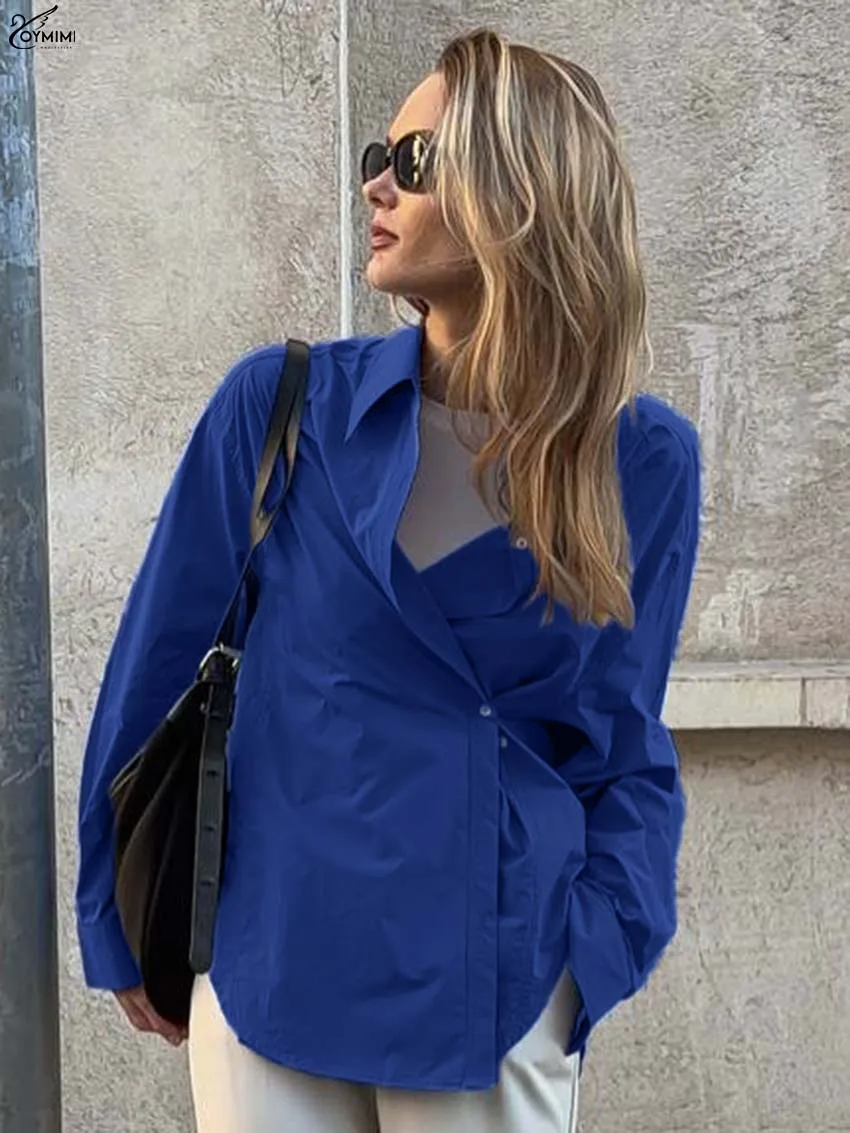 Oymimi Camicia da donna elegante in cotone blu Moda Colletto rovesciato Camicie a maniche lunghe Casual Camicette monopetto solide Donna