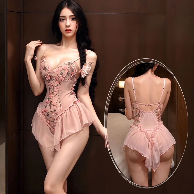 

Floral Mesh Lace Bodysuit Sexy Camisole Embroidery Lingerie Slim Fit Gathered Tight Bodysuit Dress Erotic Baby Doll Underwear