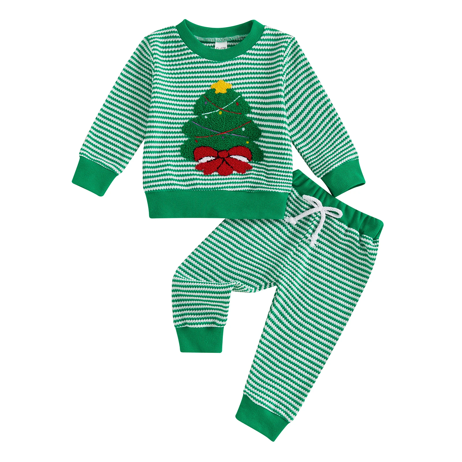 

Baby Pants Set Long Sleeve Crew Neck Embroidery Tree Sweatshirt with Striped Sweatpants Christmas Outfit for Girls Boys
