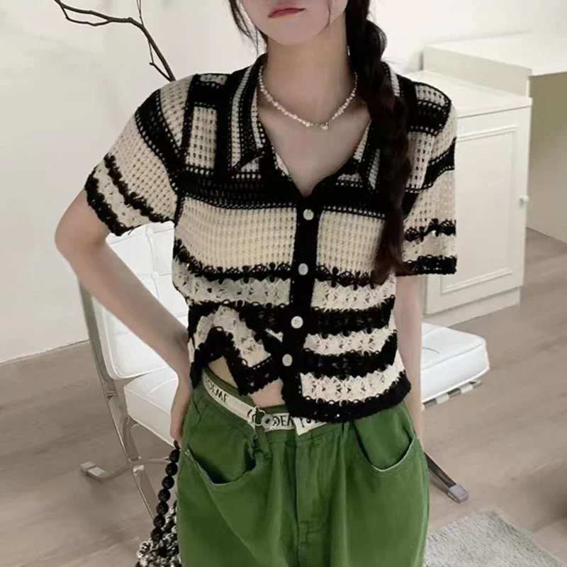 Striped Crochet Vest Top Collared Button-up Short Sleeve Sheer Crop Knit Top Cardigan Women Teengirl Fairycore Vintage Outfit