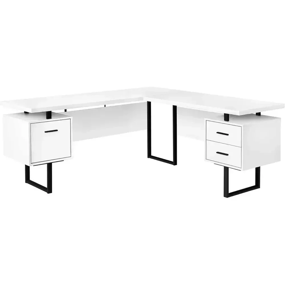 7616 L-Shaped Home Office Desk with Storage, 70 Long, Suitable for Laptops, Metal Frame, Laminate Surface in White and Black