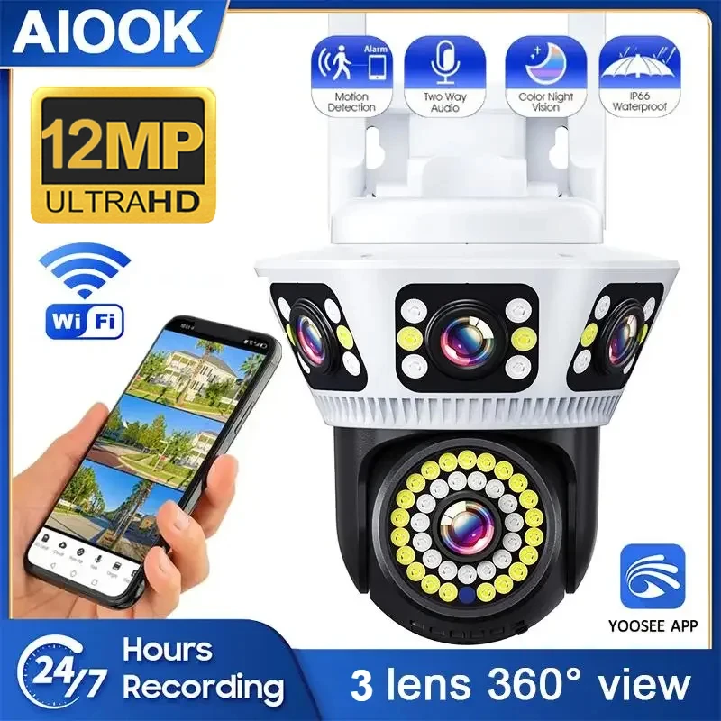 AIOOK Kamera CCTV 4K WFI HD 8MP, kamera IP 360 ° tampilan Ngle luar ruangan tahan air Audio dua arah interkom penglihatan malam YOOSEE kamera Video