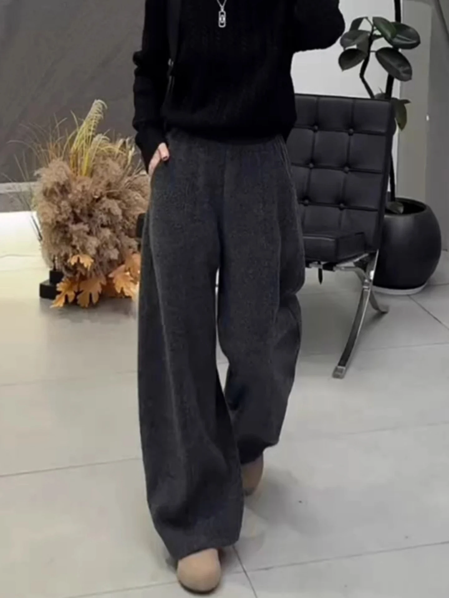 Koreańskie, swobodne, modne spodnie damskie z wysokim stanem, ocieplane, wyszczuplające, z szerokimi nogawkami, nowość na jesień i zimę.