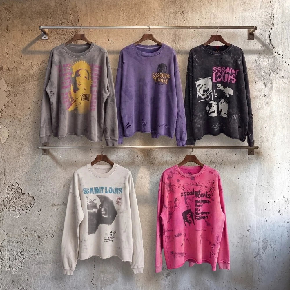New Vintage Hoodie Casual Tops Heavy Terry Splashing Ink Destroys T Washed Cotton Kanye West Long Sleeves Sweatshirts for Men
