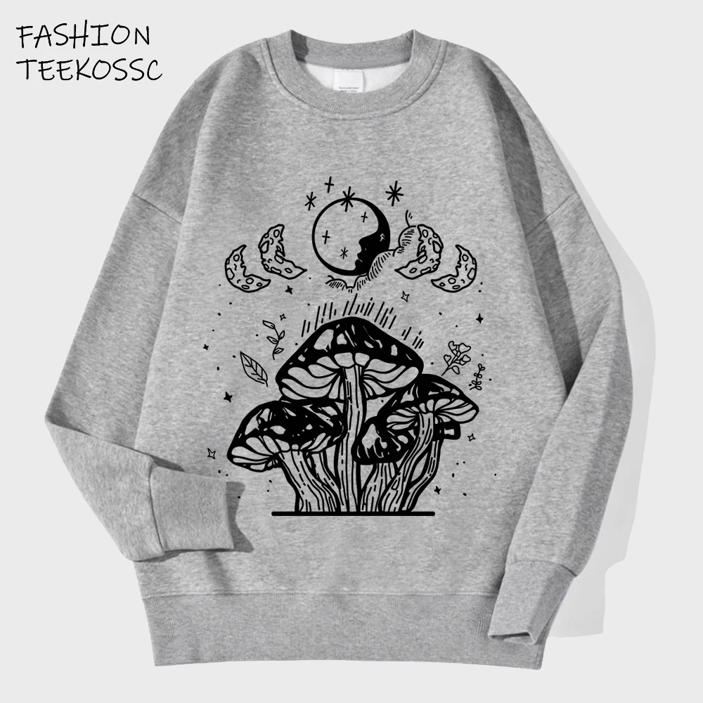 

Мужской пуловер с грибами под лунным светом, осенняя свободная уличная футболка с круглым вырезом, модная флисовая одежда унисекс, повседневная одежда с длинным рукавом
