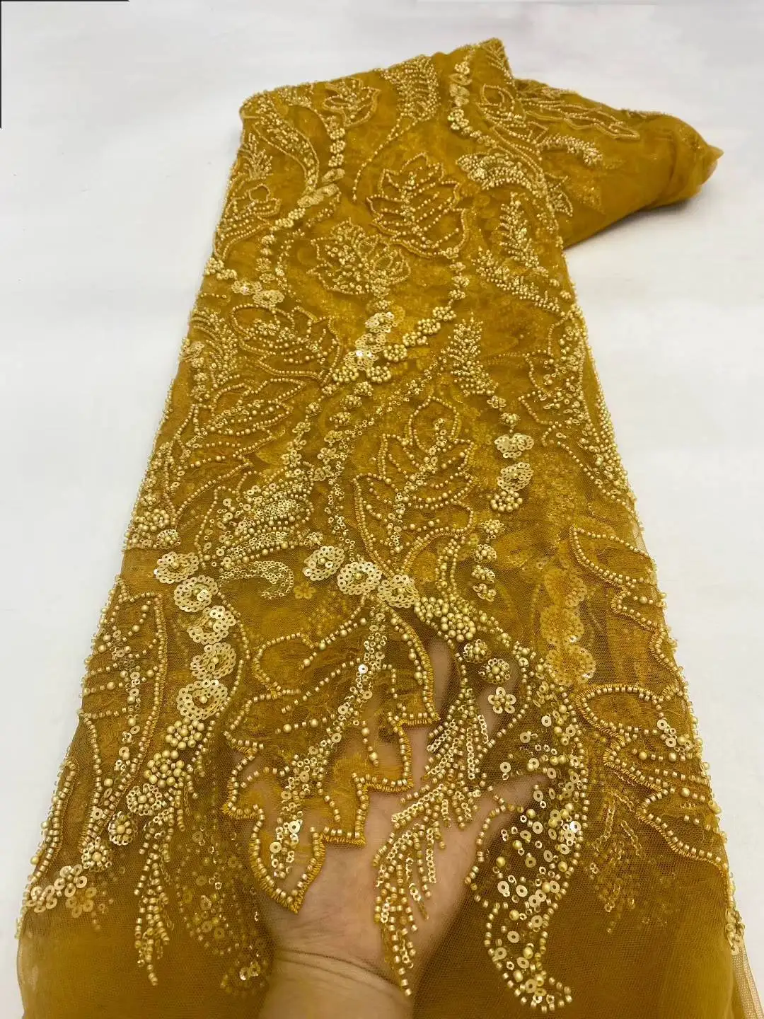 Luxury African Beaded Lace Fabric High Quality 2025 Beads 3d Embroidery French Tulle Laces 5 Yards for Nigerian Wedding Dress