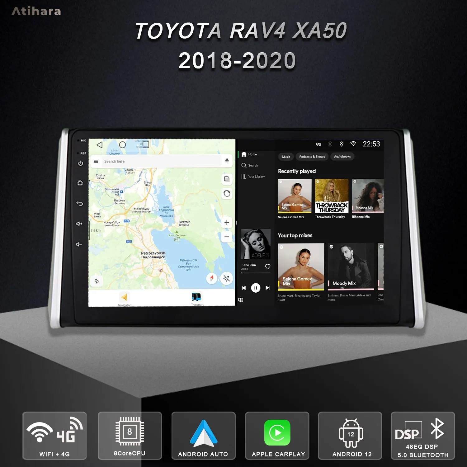 Atihara 안드로이드 자동차 라디오, 도요타 RAV4 XA50 2018 2020 카플레이, 2Din 멀티미디어 플레이어, 4G 와이파이 블루투스, 10.1 인치