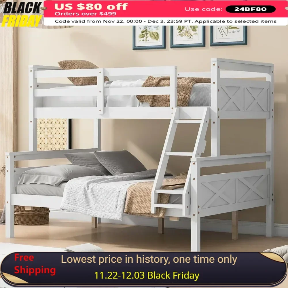 Bunk Bed, with Ladder Safety Guardrail Sturdy Wood Beds Frame Easy Assembly Space-Saving Design for Bedroom, Wood Bunk Bed Frame