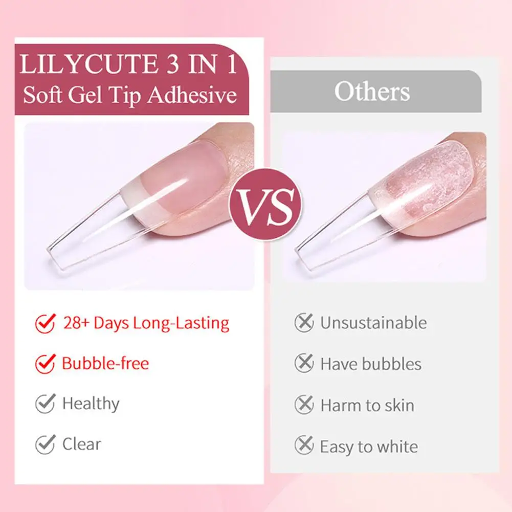 LILYCUTE 7 ml 3 IN 1 transparenter, weicher Gelspitzen-Klebstoff, Verlängerungsfunktion, Kleber, Nagellack, zum Aufdrücken falscher Nägel, langlebige Maniküre