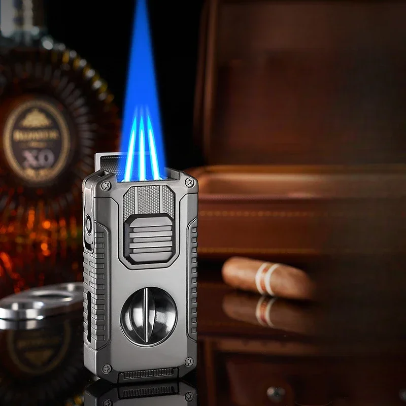 2025 Multifunctional Three-jet Flame Direct Injection Cigar Lighter with Built-in V-shaped Cigar Cutter Portable Five-in-one