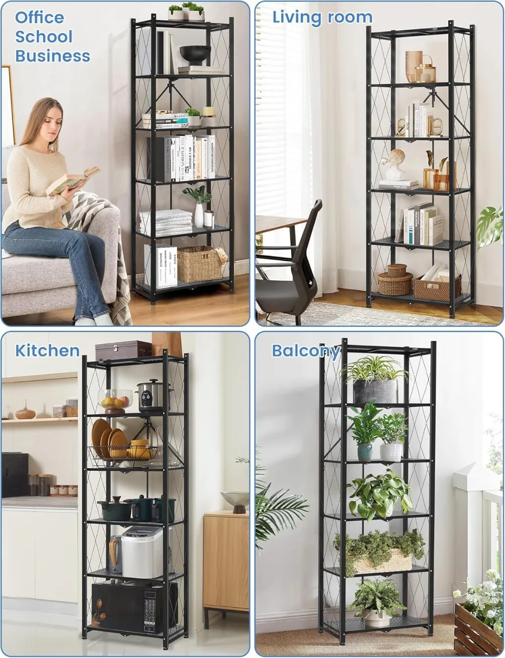 73.6 Inch Folding Bookshelf, 6 Tier Metal Bookcase and Bookshelves, Tall Shelves for Living Room Office Bedroom, Heavy Duty