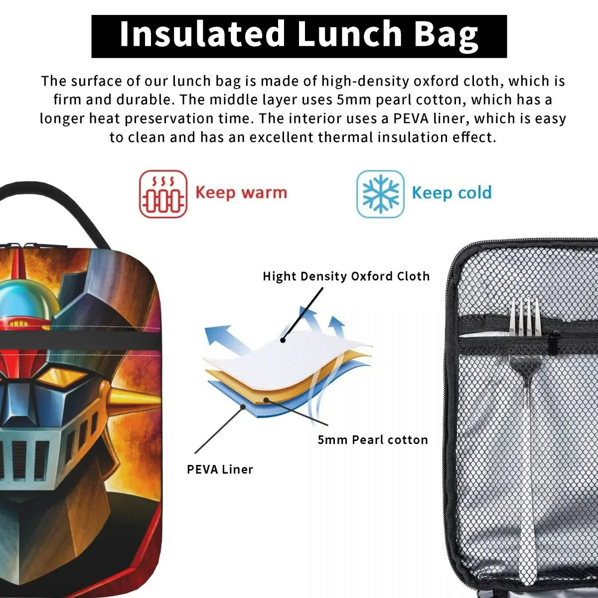 UFO Robot Mazinger Z Thermal Insulated Lunch Bags Anime Manga Portable Lunch Tote for Outdoor Camping Travel Storage Food Box