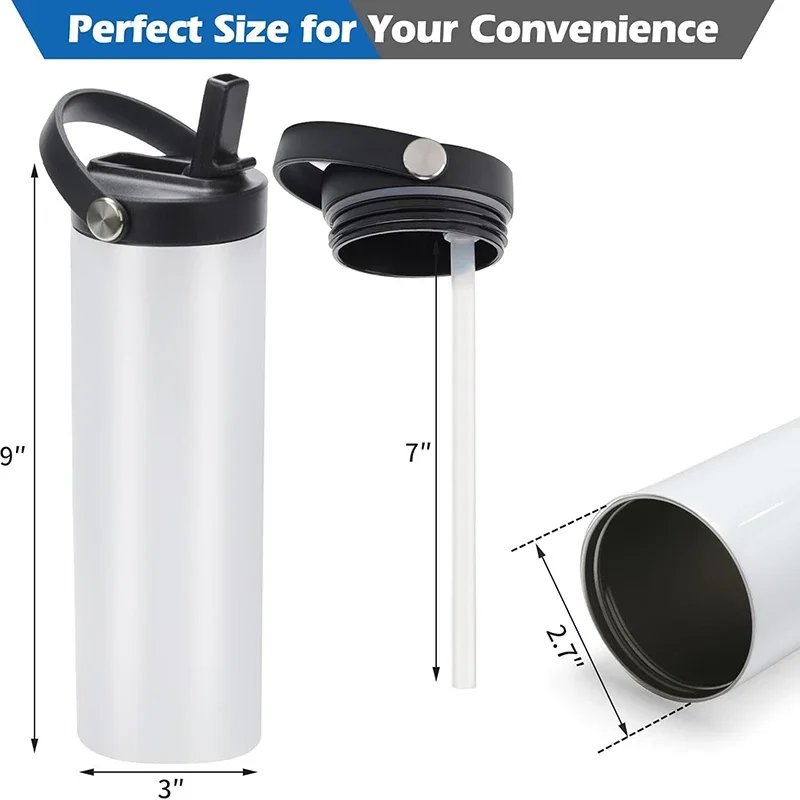 20oz Sublimation Blank Thermos Straw Cup Double Wall Stainless Steel Insulated Cup Portable Vacuum Flasks Straight Tumbler Mug