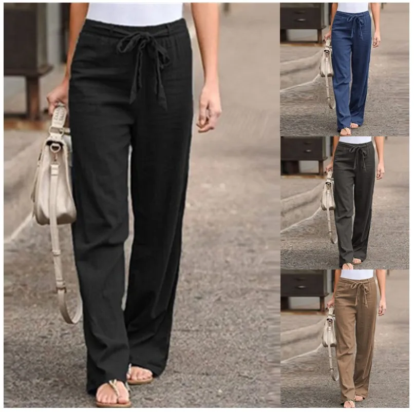 Women Cotton Linen Pants Fashion Solid Color Elastic Waist Loose Straight Pants Female Ankle-length Trousers Summer Casual Pants