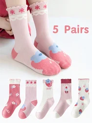 5 Pairs of Girls' Socks That Can Be Worn in Spring and Summer, Strawberry Autumn and Winter Baby Socks, Soft Mid-calf Socks