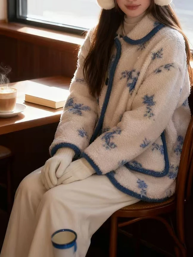 الكورية Sle المرأة ort ملابس خارجية معطف فرو الضأن الأزهار طباعة ثي الدافئة الخريف الشتاء رداء علوي غير رسمي إغلاق زر #5