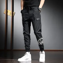 Summer Fashion Printed Joggers Men Black Sport Pants Streetwear Casual Thin Drawstring Trousers