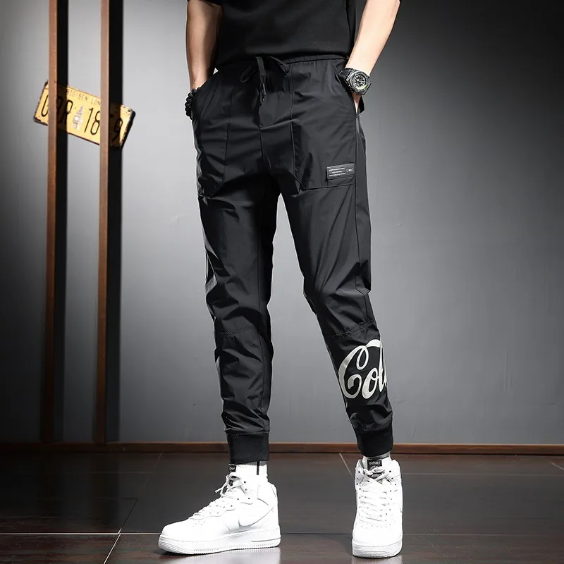 2022 Summer Casual Pants Men Fashion Printed Joggers Streetwear Sport Thin Drawstring Black Trousers