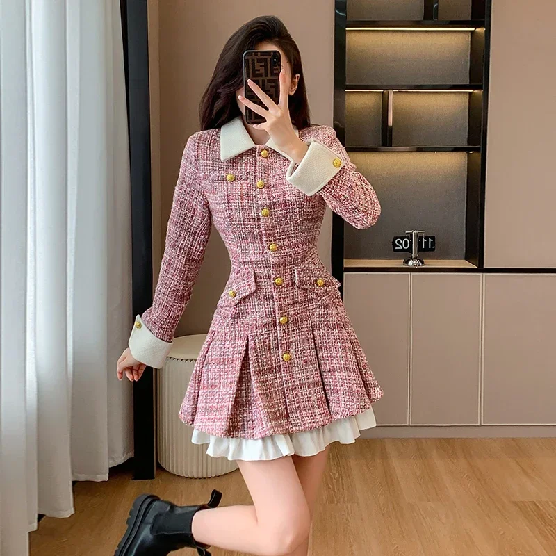 Small Fragrant Style Tweed Pink Dress for Women Autumn French Luxury  Socialite Single breasted Color Splicing Slim Short Dress - AliExpress  200000345