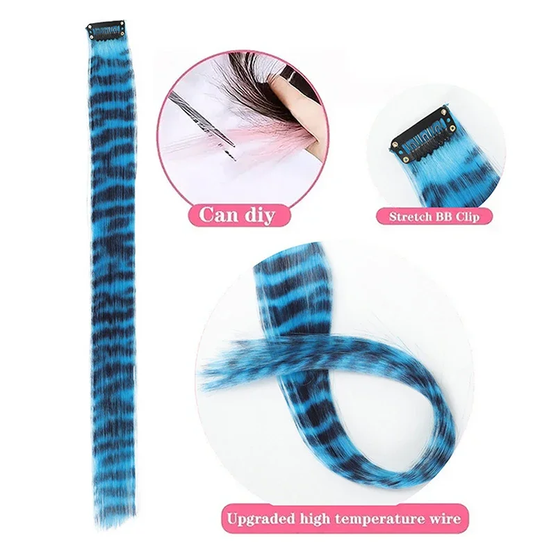 جديد شريط متعدد الألوان ليوبارد مطبوعة طويل مستقيم شعر مستعار كليب للفتيات يسلط الضوء على قطع الشعر المستعار #3