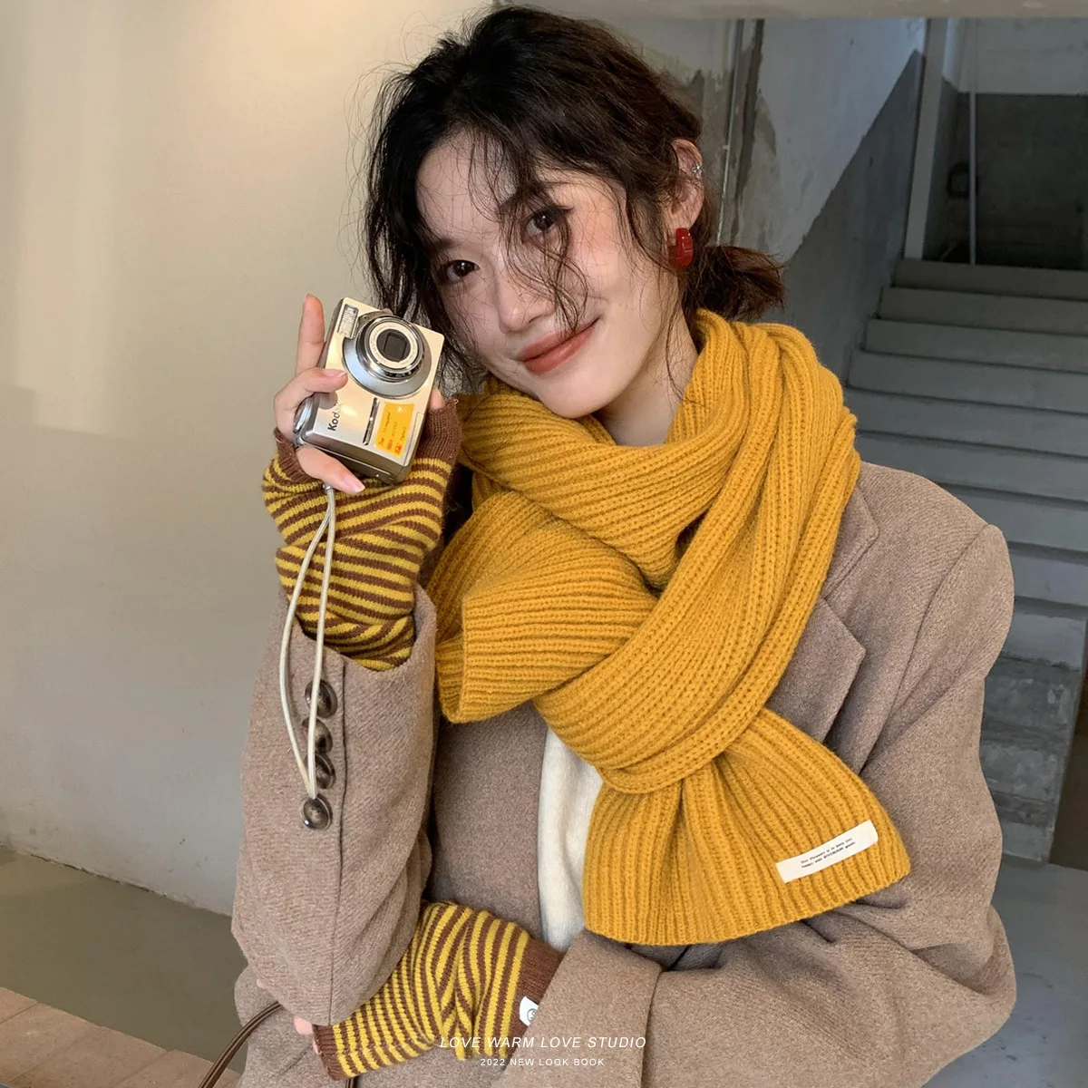 Korean Style Solid Color Scarf, Minimalist Labeled Neck Warmer, Warm Winter Wrap for Women, Students & Couples Daily Wear