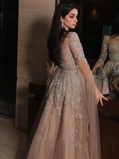 Customized Batwing Sleeves A-line Evening Dresses Shiny Tulle Sequin Applique Exquisite Prom Gown Elegant Party Dress 3